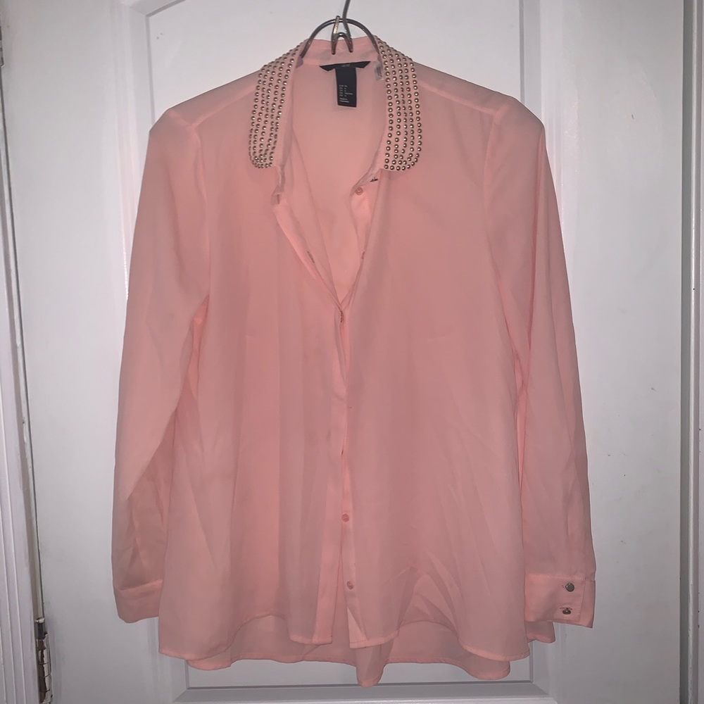 Pink Embellished Collar Button-Up Top